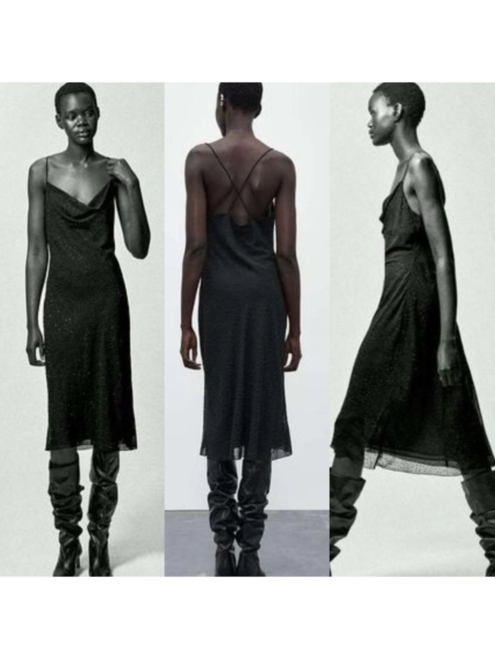 Zara Black Cowl-Neck Slip Midi Dress